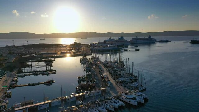 Aerial view of Lavrio sea port marina at sunrise, Greece