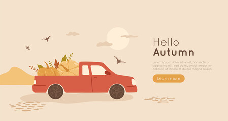 Pickup truck, gourds and text Hello Autumn. Banner with pumpkin in car, fall illustration. Vector abstract landscape with sky, sun and birds. Template for web, print