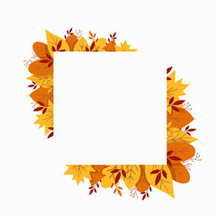 Frame with autumn leaves. Template isolated on white background. Autumn frame for wedding invitations, decor, card.