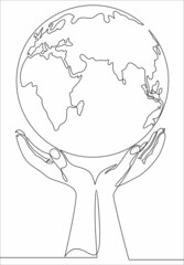 Two woman hands protect earth.Continuous one line drawing.