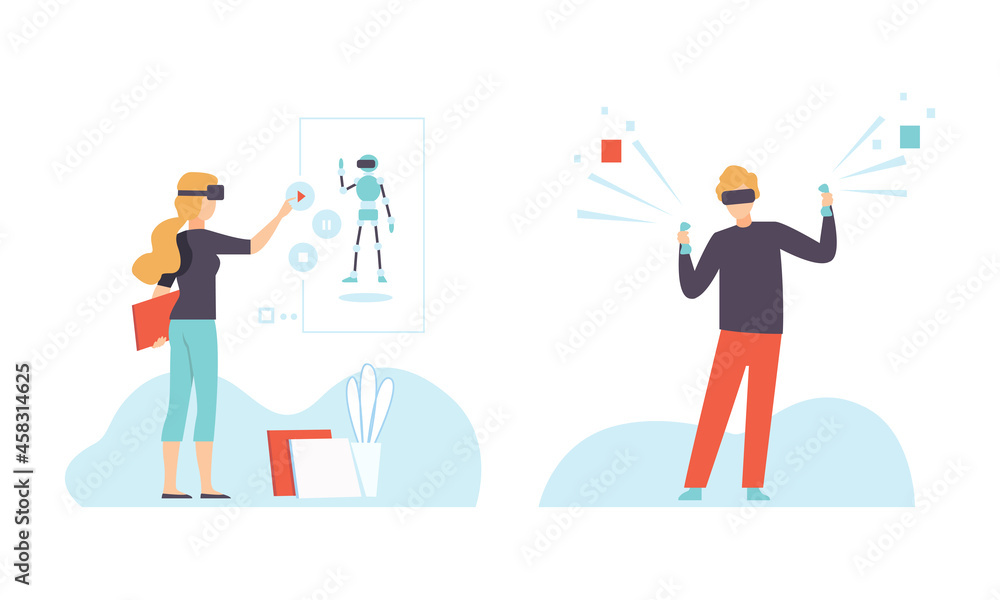 Aufkleber man and woman character with augmented reality glasses using wireless digital technology vector set