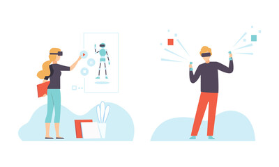 Man and Woman Character with Augmented Reality Glasses Using Wireless Digital Technology Vector Set