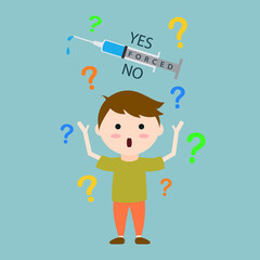 Vaccine and immunization concept. Vector banner syringe and a kid thinks to vaccinate or not.