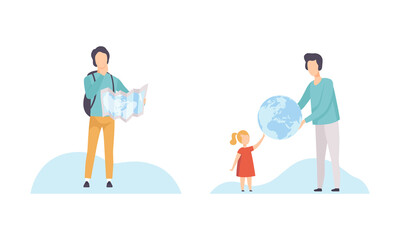 Young Man and Little Girl with Globe and Map Planning Travel Vector Set