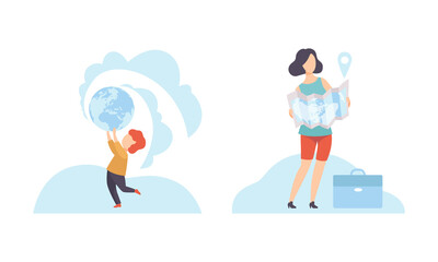 Young Woman and Little Boy with Globe and Map Planning Travel Vector Set