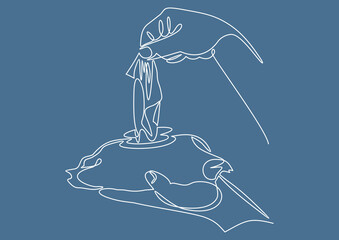 Hand pulling a tissue from a pack of wet wipes.One continuous single drawing line