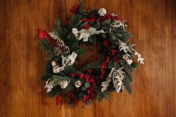 Bright Christmas wreath hanging on wall