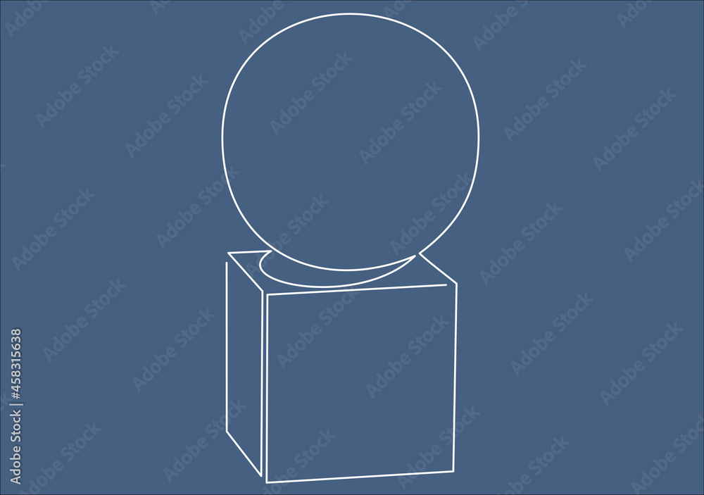 Poster white geometry shapes cube, sphere.one continuous single drawing line