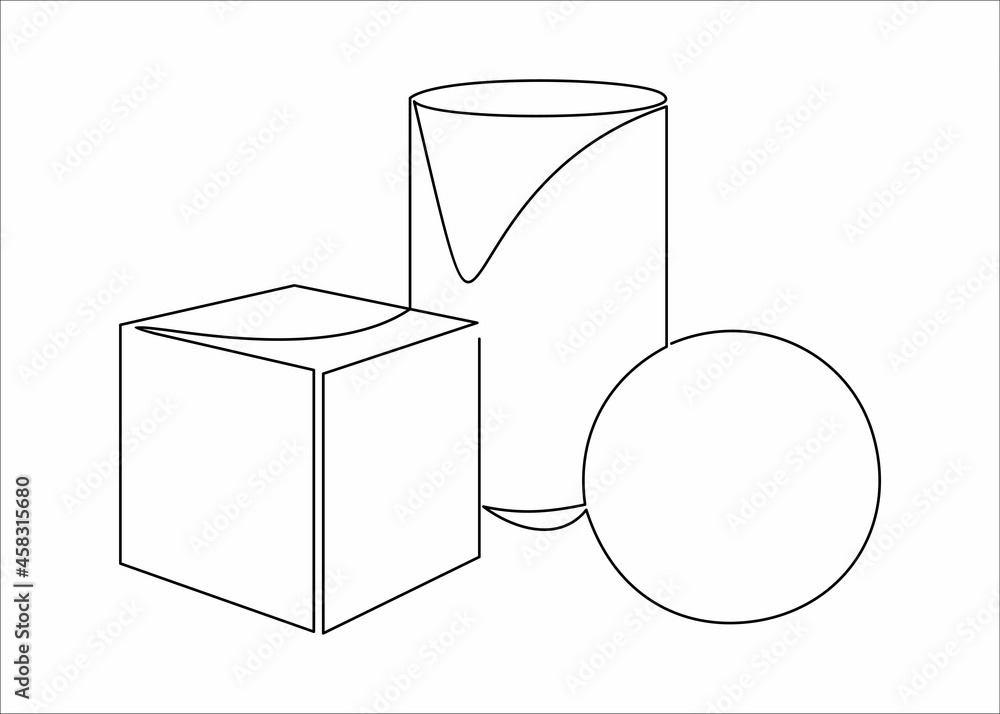 Poster white geometry shapes cube, sphere.one continuous single drawing line