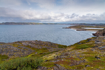 beautiful landscape of the North Sea coast with stones covered with colorful moss. View from the mountain.Teriberka, Barents Sea, Murmansk region, Kola Peninsula