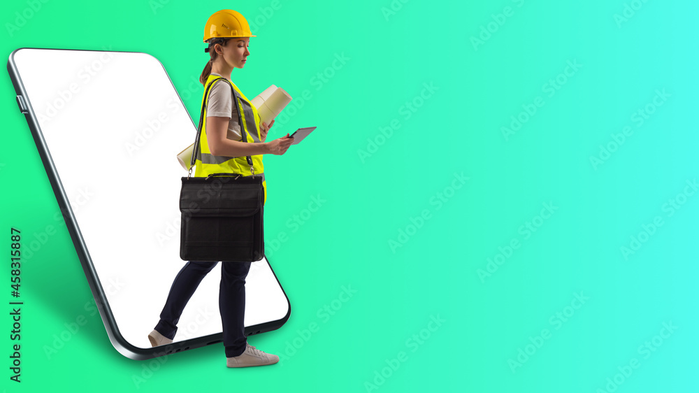 Poster app for builders concept. metaphor for finding builders in applications. woman builder with papers i