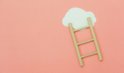 Top view wooden ladder with cloud same as step stair on  grey paper