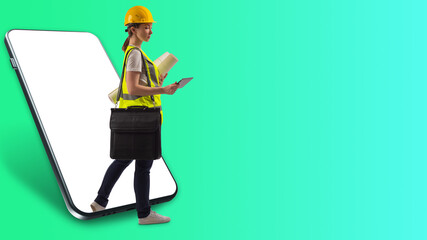 App for builders concept. Metaphor for finding builders in applications. Woman builder with papers...