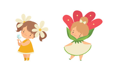 Cute Little Kids Wearing Flower Costume Vector Set