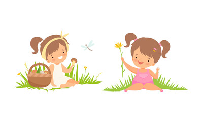 Cute Little Girl Walking Sitting on Green Meadow Grass with Basket Full of Mushrooms and Flower Vector Set