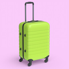 Small green polycarbonate suitcase isolated on pink background.