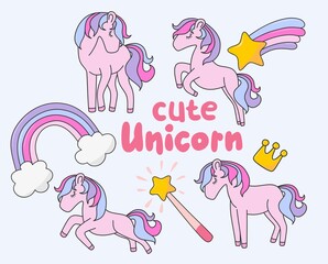 Set of Cute Cartoon Unicorns isolated on a white background.