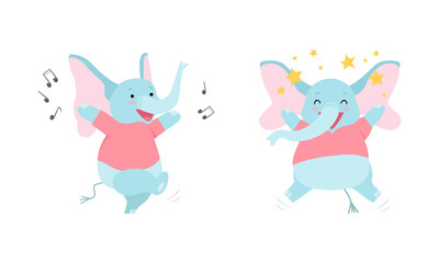 Cute Blue Elephant with Trunk Singing and Dancing to Music Vector Set