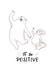 Funny illustration. Cute white bear and white mouse dance. Vector image for poster, postcard, template with the wish text 