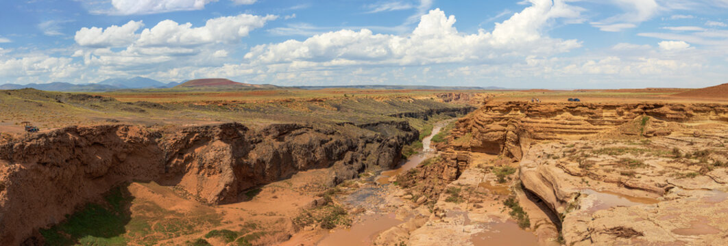 Grand Falls (Chocolate Falls), cliff, and Little Colorado River in the Painted Desert, Arizona, falls dried in the summertime