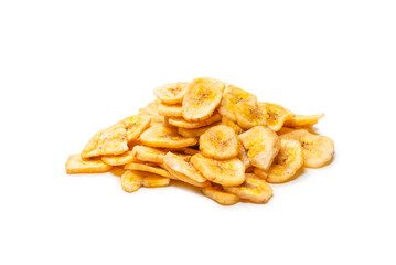 Banana chips isolated on a white background. Dehydrated banana.