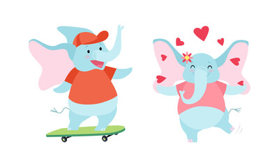Obraz na płótnie Canvas Cute Blue Elephant with Trunk Skateboarding and Juggling with Hearts Vector Set