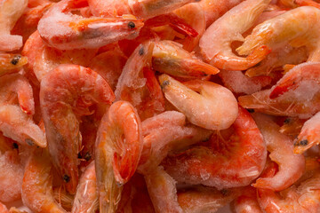 Fresh shrimps in ice. Top view.