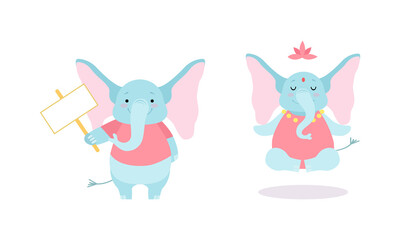 Obraz na płótnie Canvas Cute Blue Elephant with Trunk Holding Empty Banner on Pole and Levitating in Lotus Pose Vector Set
