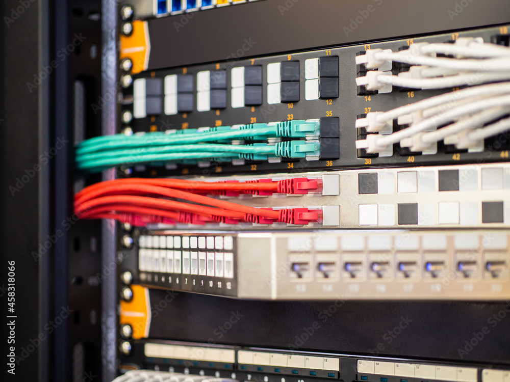 Poster patch panel fragment. network hardware. structured cabling systems. switching equipment close-up. mu
