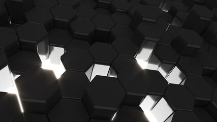 Fototapeta na wymiar Abstract black hexagon shapes background,hexagon shape raised high and low,3d rendering