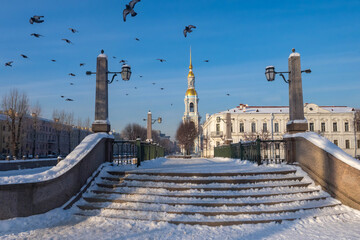 Saint Petersburg winter. Russia new year. Nikolsky Naval Cathedral in winter day. Snow in Saint Petersburg. Petersburg temples. Bell tower of St. Nicholas Cathedral. Tour to Russia.