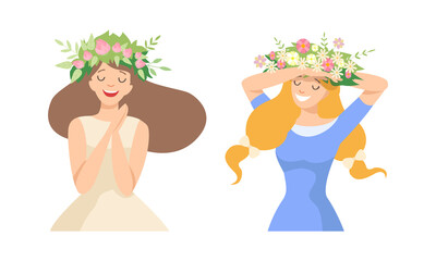 Young Female with Splendid Hair Having Floral Wreath on Her Head Vector Set