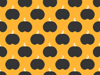 Black contour of pumpkin on a yellow background. Autumn background with pumpkins seamless pattern. Design for wrapping paper, banners and advertising materials. Vector illustration