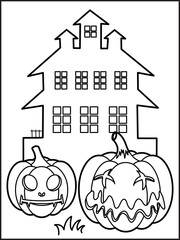Halloween coloring page illustration. Halloween background cemetery with halloween pumpkins and element outline for a coloring page. Halloween coloring page for adults and kids 16.