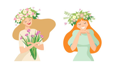 Young Female with Splendid Hair Having Floral Wreath on Her Head Vector Set