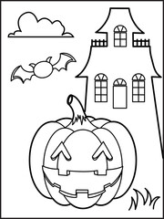 Halloween coloring page illustration. Halloween background cemetery with halloween pumpkins and element outline for a coloring page. Halloween coloring page for adults and kids 21.