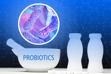 Probiotic preparation concept. Preparation of BIO supplements with probiotics. Medical mortar with probiotics inscription. Biological additives. Microbiome image next to white bottles. 3d image