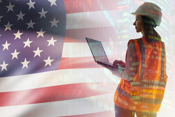 A female engineer in USA. American flag next to engineer. American engineer with double exposure....