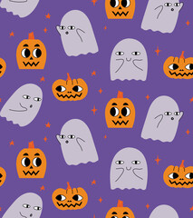 Halloween seamless pattern with cute pumpkins and ghosts. Colorful holiday background