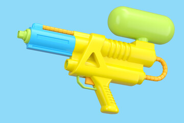 Plastic water gun toy for playing in the swimming pool isolated on blue