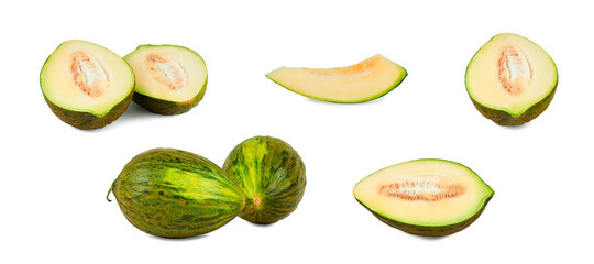 Melon collection. Halves, whole and slice of green melon isolated on white background 