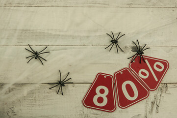 eighty percent discount on the Halloween background-price tag on a rustic old wooden background