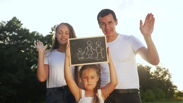 happy family in the park outdoors portrait. dream kid concept. parents and little kid girl hold a sign with a happy family symbol. friendly family in the park in nature dream of happiness lifestyle