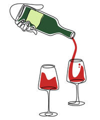 Wine bottle with red wine and glasses