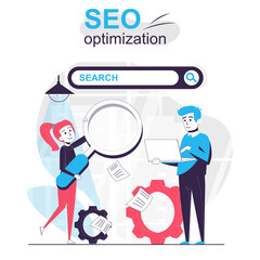 Fototapeta na wymiar Seo optimization isolated cartoon concept. Team of employees setting up search engine, people scene in flat design. Vector illustration for blogging, website, mobile app, promotional materials.