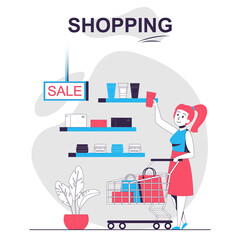 Shopping isolated cartoon concept. Woman buying cosmetics on sale in store, customers people scene in flat design. Vector illustration for blogging, website, mobile app, promotional materials.