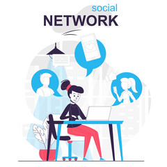 Social network isolated cartoon concept. Woman sending messages browsing from computer, people scene in flat design. Vector illustration for blogging, website, mobile app, promotional materials.