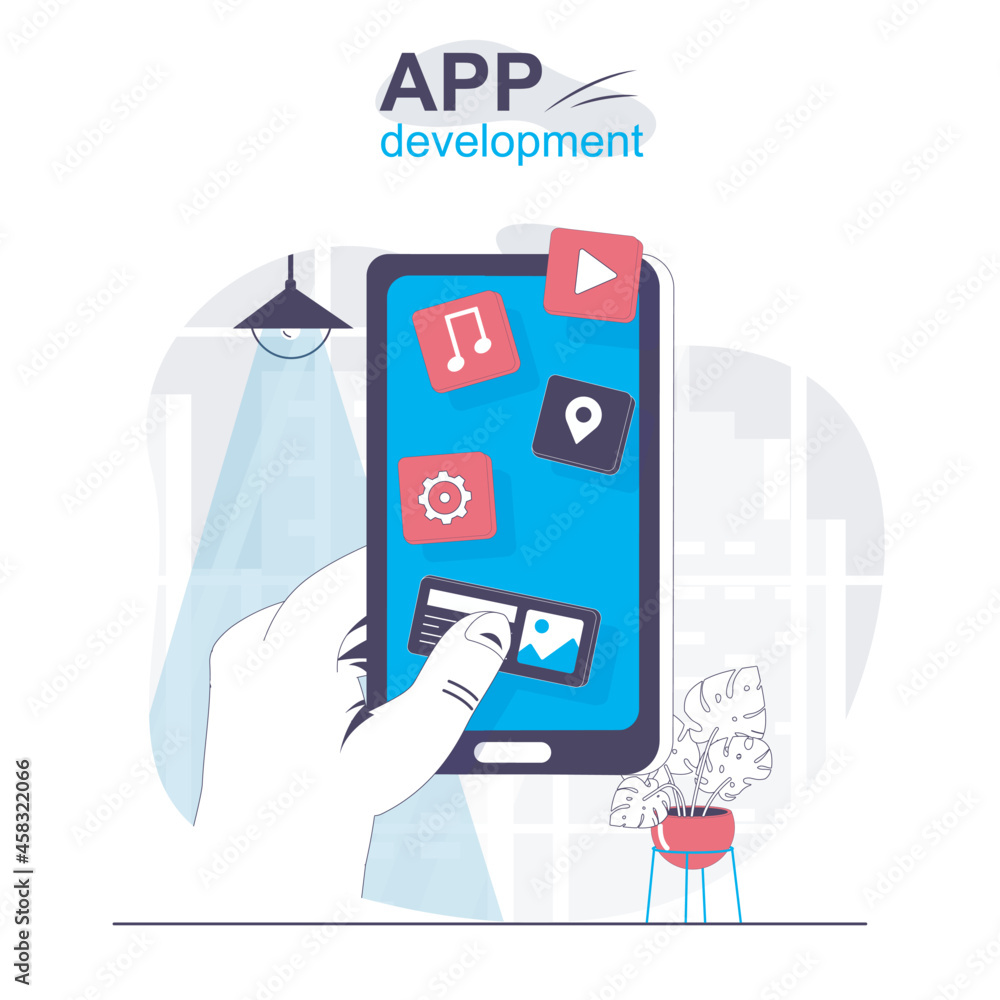 Poster app development isolated cartoon concept. creation and optimization of programs and apps, people sce