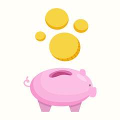 Save money in a piggy bank. Vector illustration in flat style