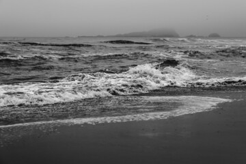 Panoramic view of the shore, the pacific ocean with waves, the horizon with cloudy sky and beach (in black and white)